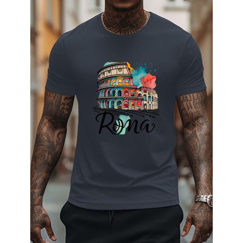 

Men's Stylish Roma Pattern Shirt, Casual Slightly Stretch Breathable Crew Neck Short Sleeve Tee Top For City Walk Street Hanging Outdoor Activities
