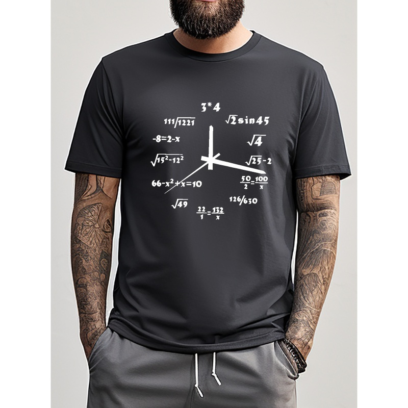 

Math Clock Print T Shirt, Tees For Men, Casual Short Sleeve T-shirt For Summer