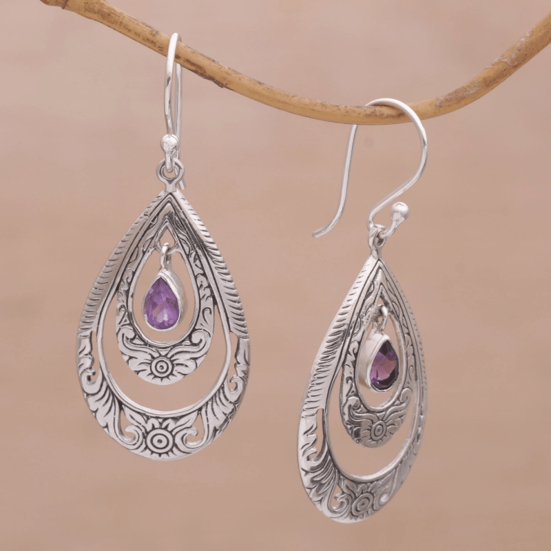 

Vintage Droplet Shape Carved Pattern Purple Zircon Inlaid Dangle Earrings Retro Bohemian Style Tourism Souvenir