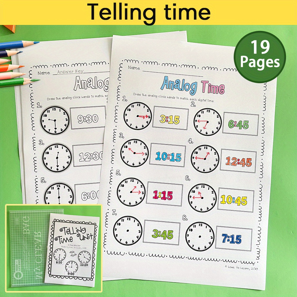 

19pcs/set Telling Time Worksheets, Kids' Learning Time Exercise Book Toys For Children, Classroom Teaching Reading Sheets