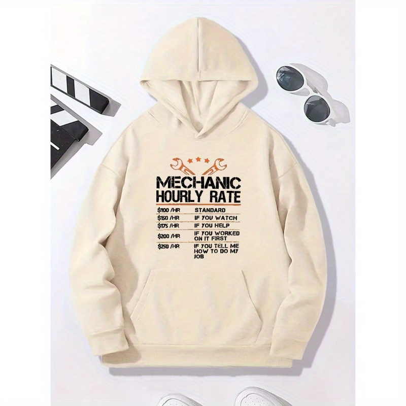 

Mechanic Hourly Rate Print Hoodie, Cool Hoodies For Men, Men's Casual Pullover Hooded Sweatshirt With Kangaroo Pocket Streetwear For Winter Fall, As Gifts