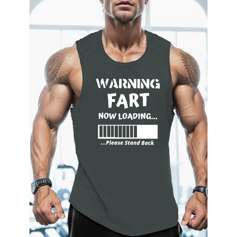 

Warning Fart Print Sleeveless Tank Top, Men's Active Undershirts For Workout At The Gym