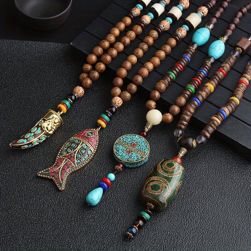 boho style wooden beaded pendant necklace long sweater chain carved jewelry gift necklace details 1