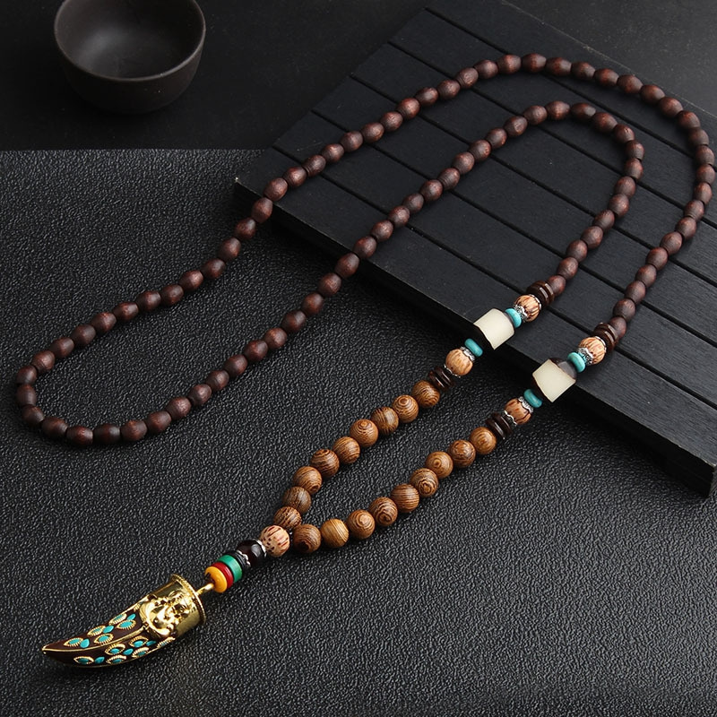 boho style wooden beaded pendant necklace long sweater chain carved jewelry gift necklace details 4