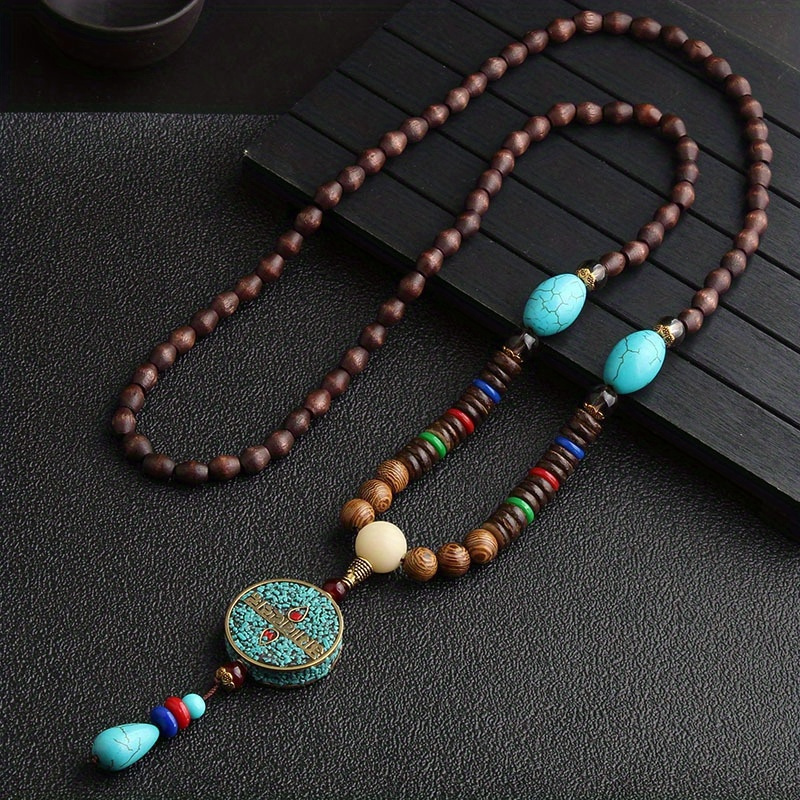 boho style wooden beaded pendant necklace long sweater chain carved jewelry gift necklace details 6