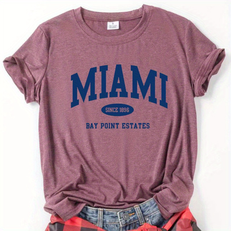 

Miami Letter Print T-shirt, Short Sleeve Crew Neck Casual Top For Summer & Spring, Women's Clothing
