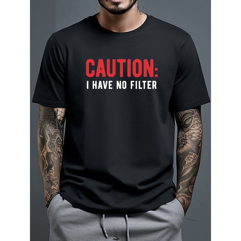 

Caution Tees For Men, Casual Fonts Print T-shirt, Short Sleeve T-shirt For Summer