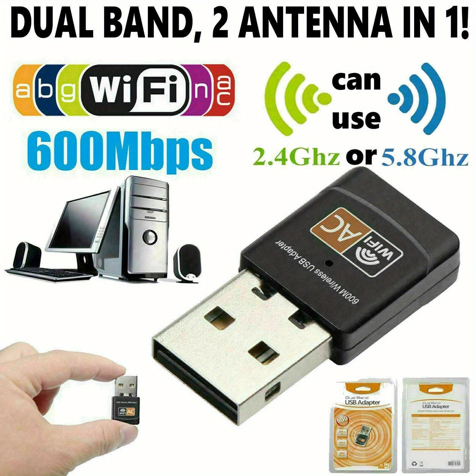 EDUP AC600M Adaptador USB WiFi para PC, adaptadores de red USB inalámbricos  de doble banda 2.4G/5.8Ghz Wi-Fi Dongle Antena para computadora portátil