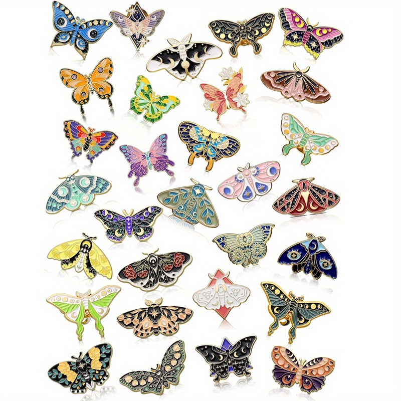 Shein 5Pcs/Set Butterfly Pins Sun Moon Moth Insect Charms Floral Moth Butterfly Enamel Pins Insect Brooches Lapel Badges Gothic Moon Nature Alloy Enamel