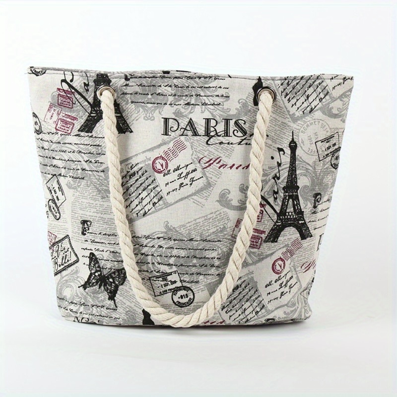 

Eiffel Tower Print Tote Bag, Fashion Canvas Shoulder Bag, Large Capacity Travel Beach Bag