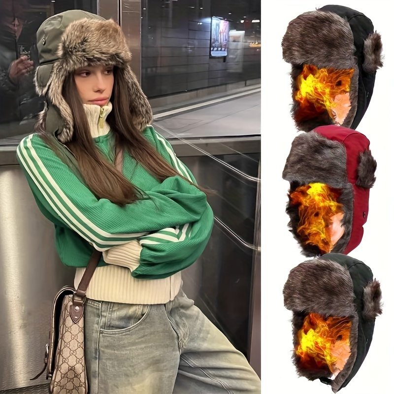 Faux Fur Plush Bomber Hat Thick Cold Proof Ear Flap Hats - Temu Canada