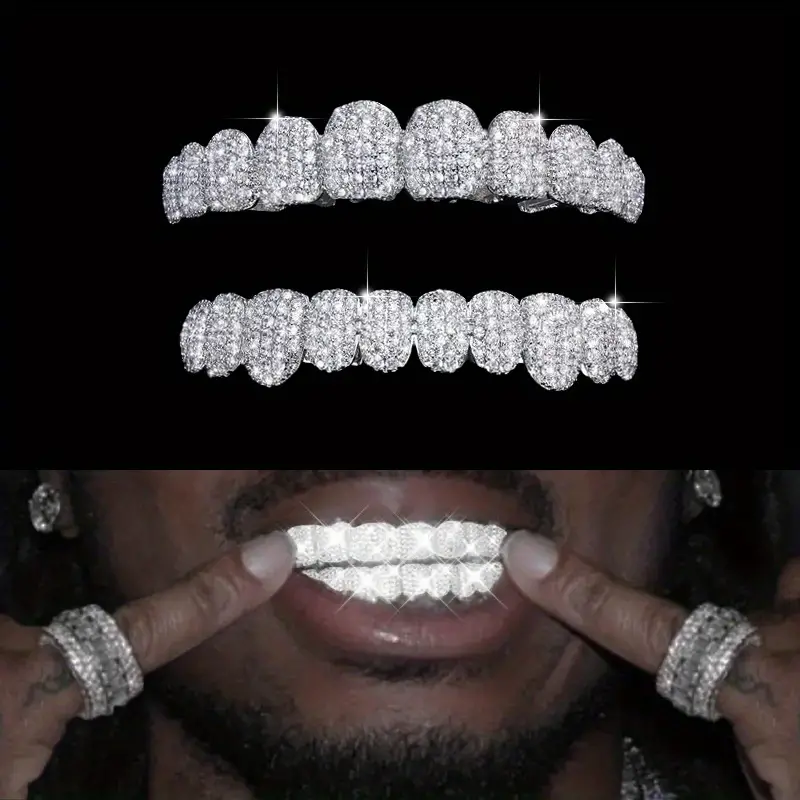 hip hop shiny vampire teeth braces, 2pcs set copper cubic zirconia teeth grillz for men hip hop shiny vampire teeth braces details 0