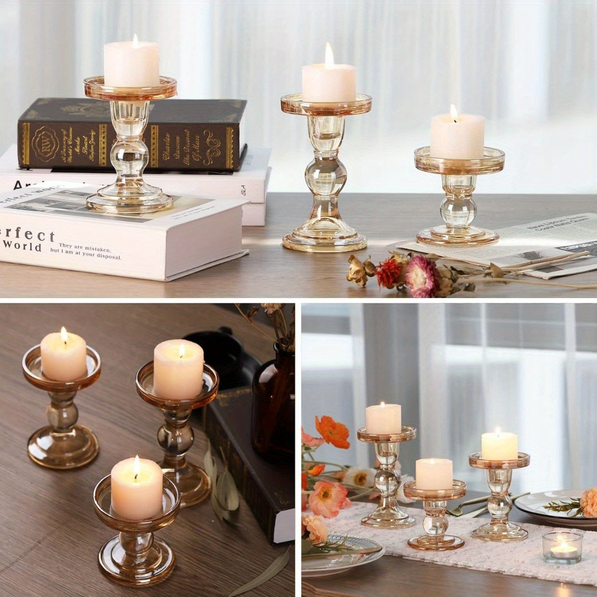 3 portavelas de cristal para pilar y vela cónica, elegantes candelabros de  cristal para decoración del hogar