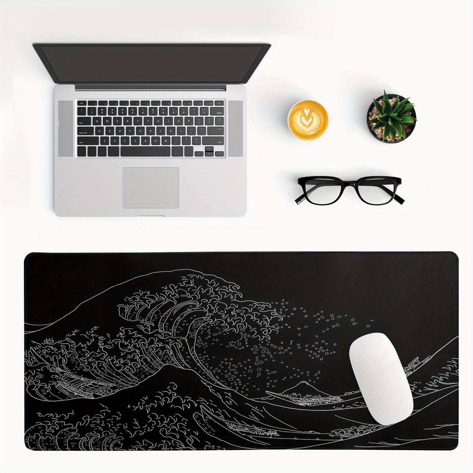 Japanese Wave Gaming Mouse Pad XL Black White Sea Aesthetic Moon Extended  Large Desk Cover Big Table Mat Non-Slip Rubber Base Stitched Edge Long  Mousepad for Deskton Office PC Gamer,31.5×11.8 in 