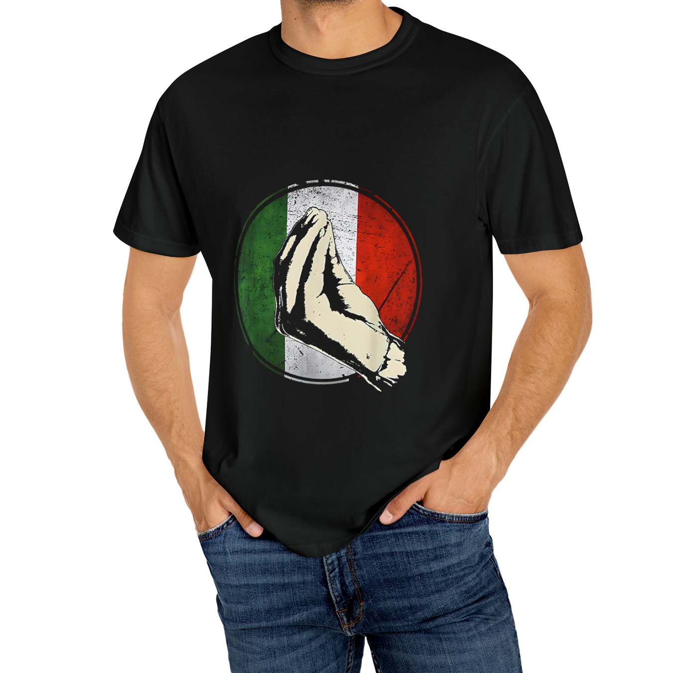 

T-shirt Imprimé De Gestes Italiens Créatifs, T-shirt Décontracté Pour Hommes Avec Col Rond Extensible De Style De Rue Pour L'été
