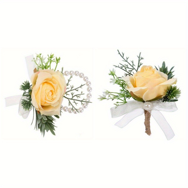 2pcs Rose Wrist Corsage and Boutonniere Set Artificial Corsage Wristlet  Band Bracelet for Wedding Flowers Ceremony Accessories Prom Suit  Decorations (Champagne) 