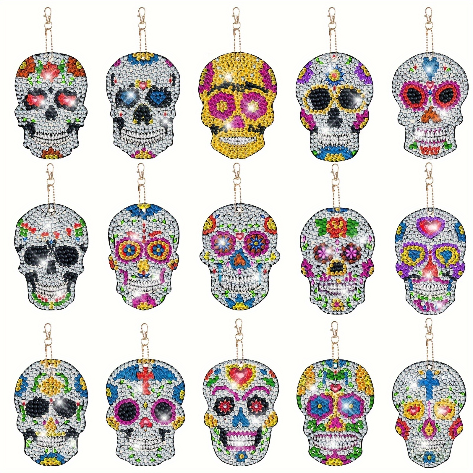 MTLEE 8 Pieces DIY Double Side Full Drill Skull Keychain Diamond