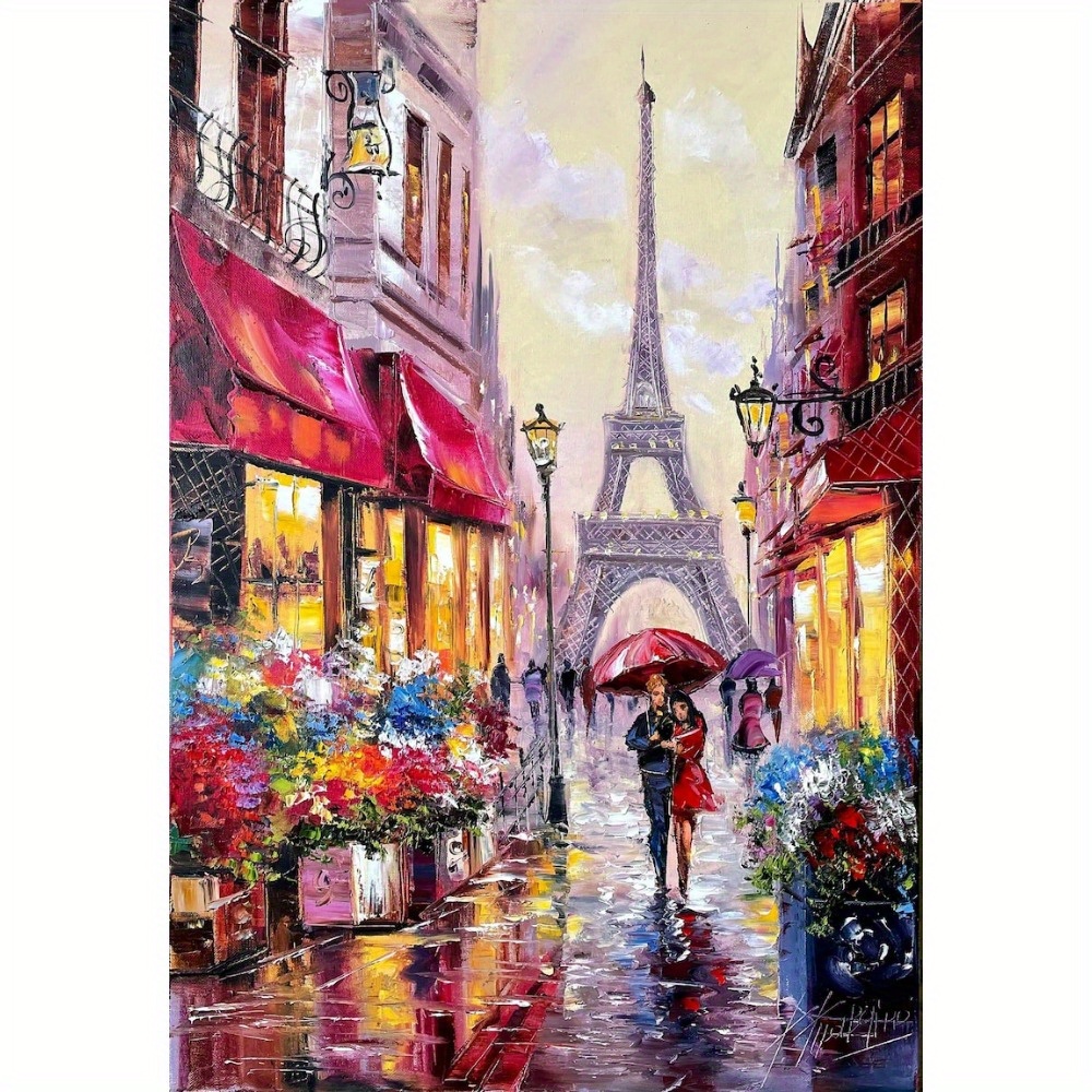 

1pc Couple In Paris Oil Painting Original Romantic Painting Canvas Eiffel Tower Art Flower Market Poster Wall Art Parisian Decor Eid Al-adha Mubarak