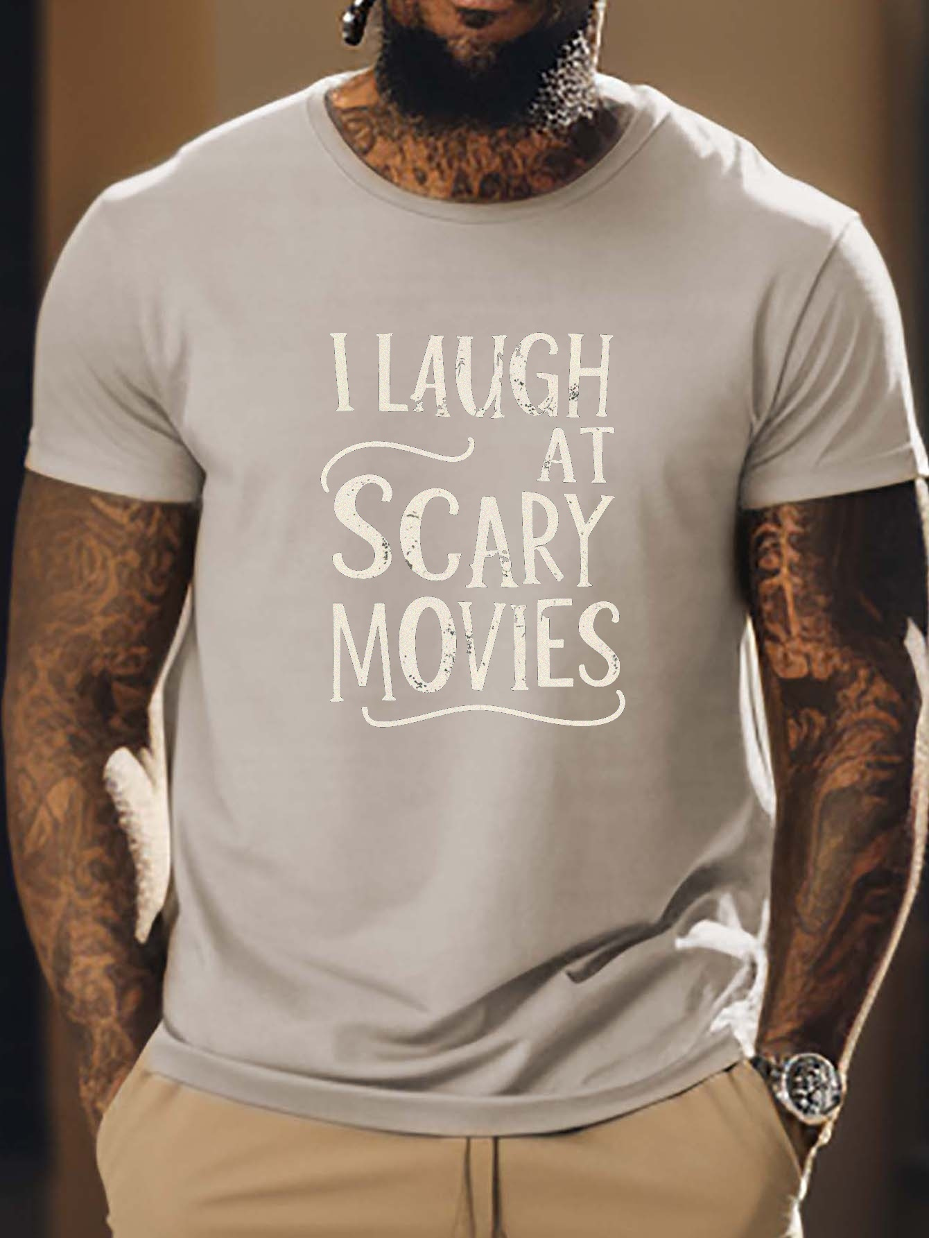 Let's Watch Scary Movies Skull Pattern Tee, Men's Casual Crew Neck