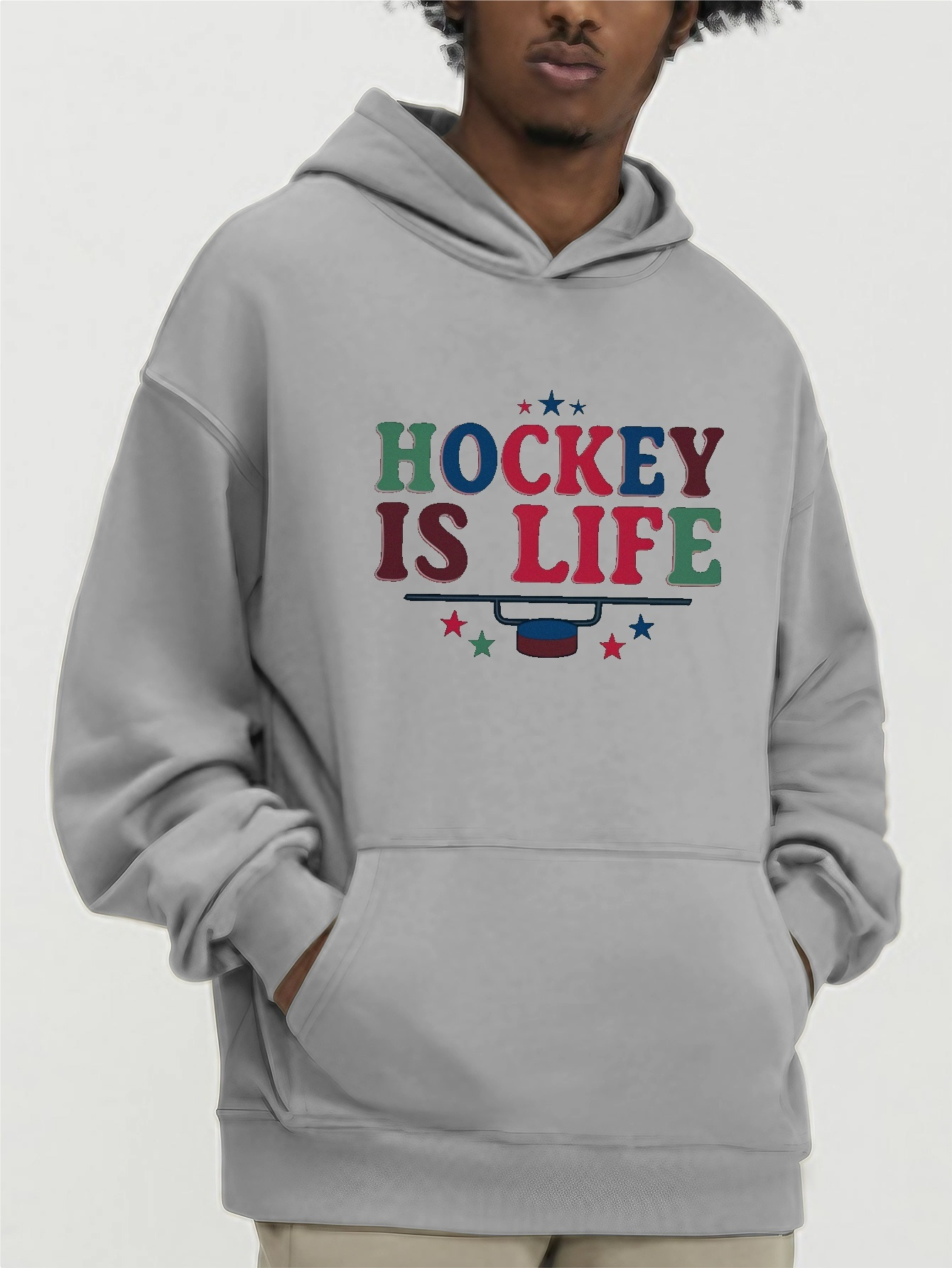 Colorful Hockey Is Life And Stars Print Hoodie, Men's Casual