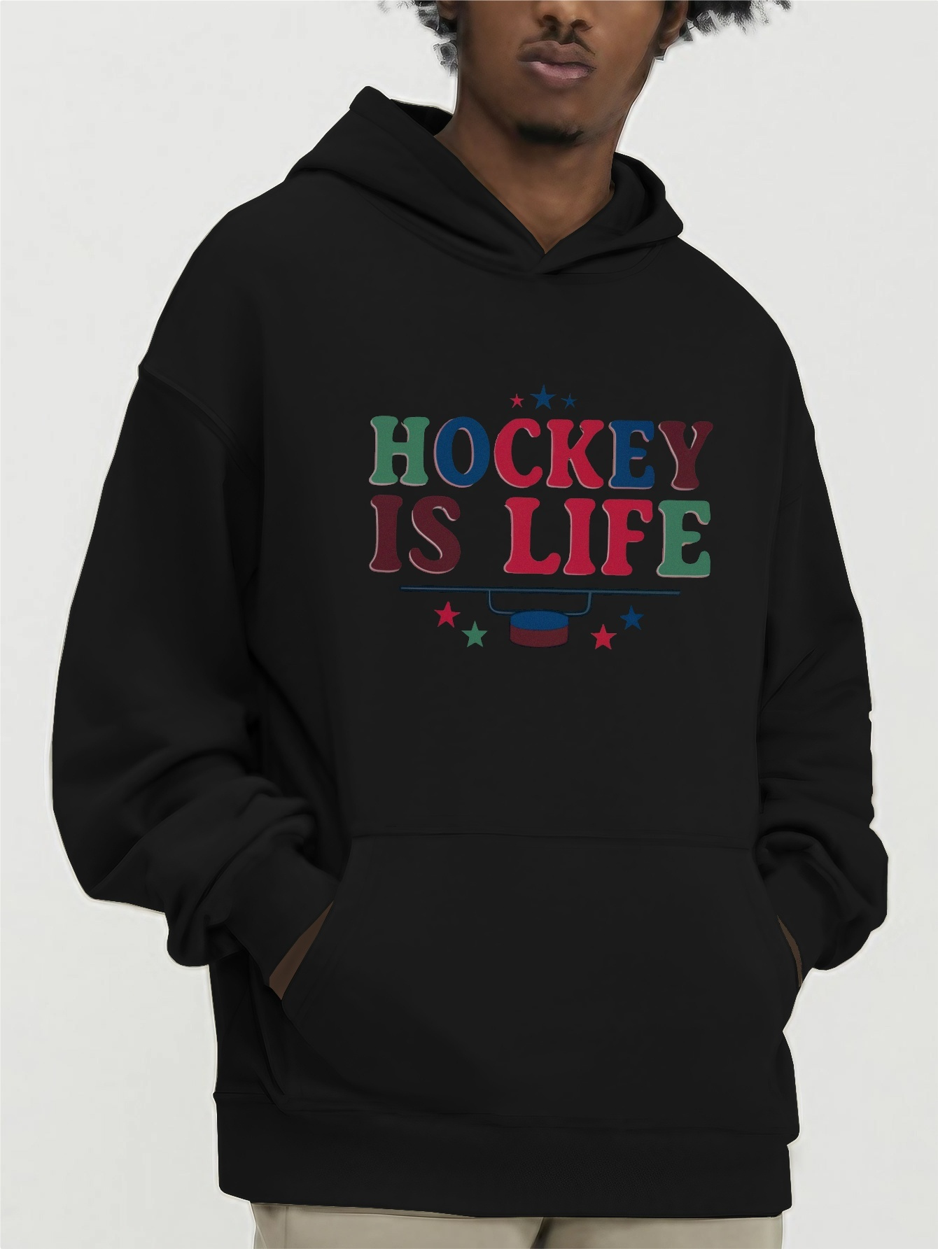 Colorful Hockey Is Life And Stars Print Hoodie, Men's Casual