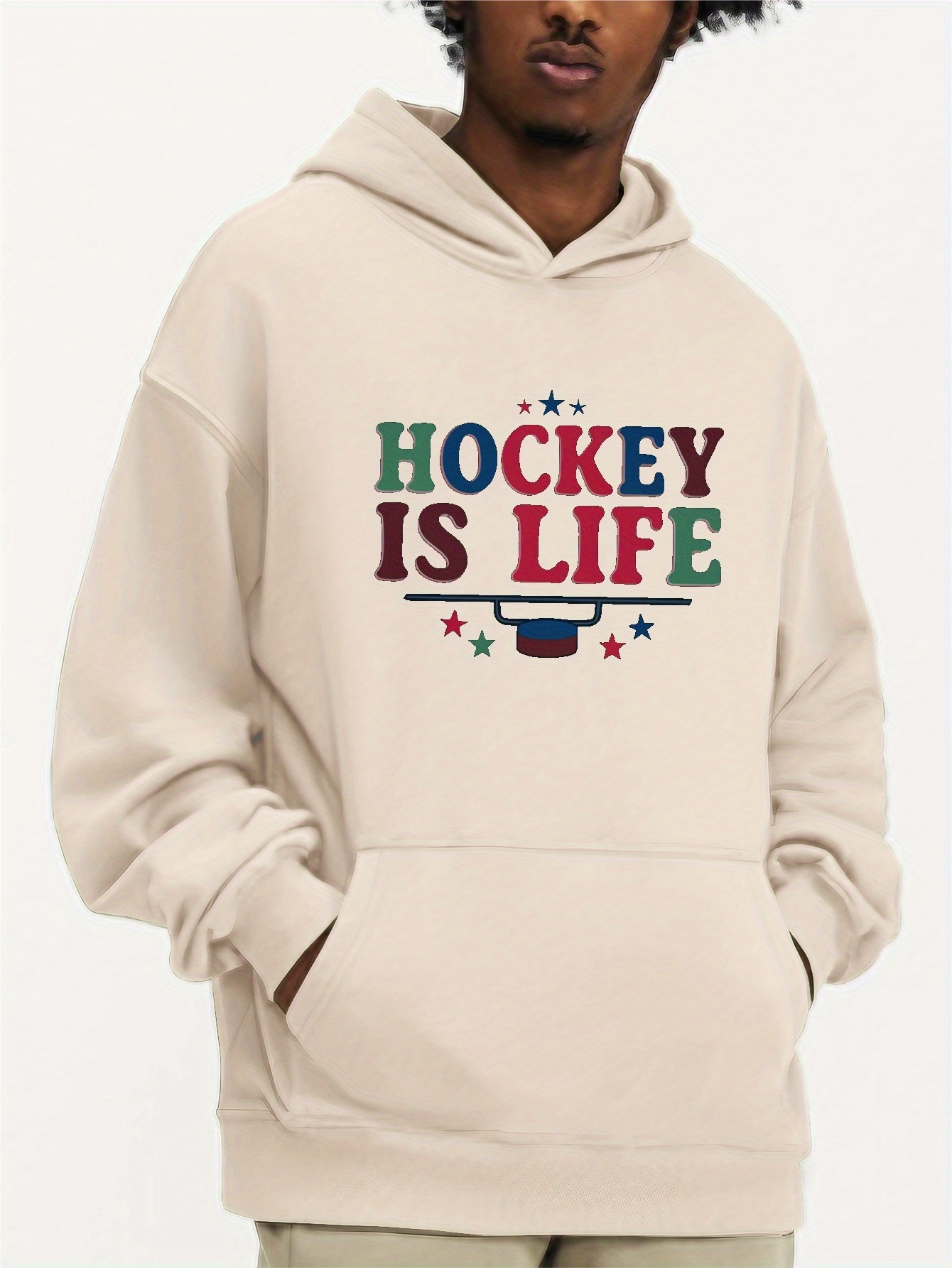 Colorful Hockey Is Life And Stars Print Hoodie, Men's Casual