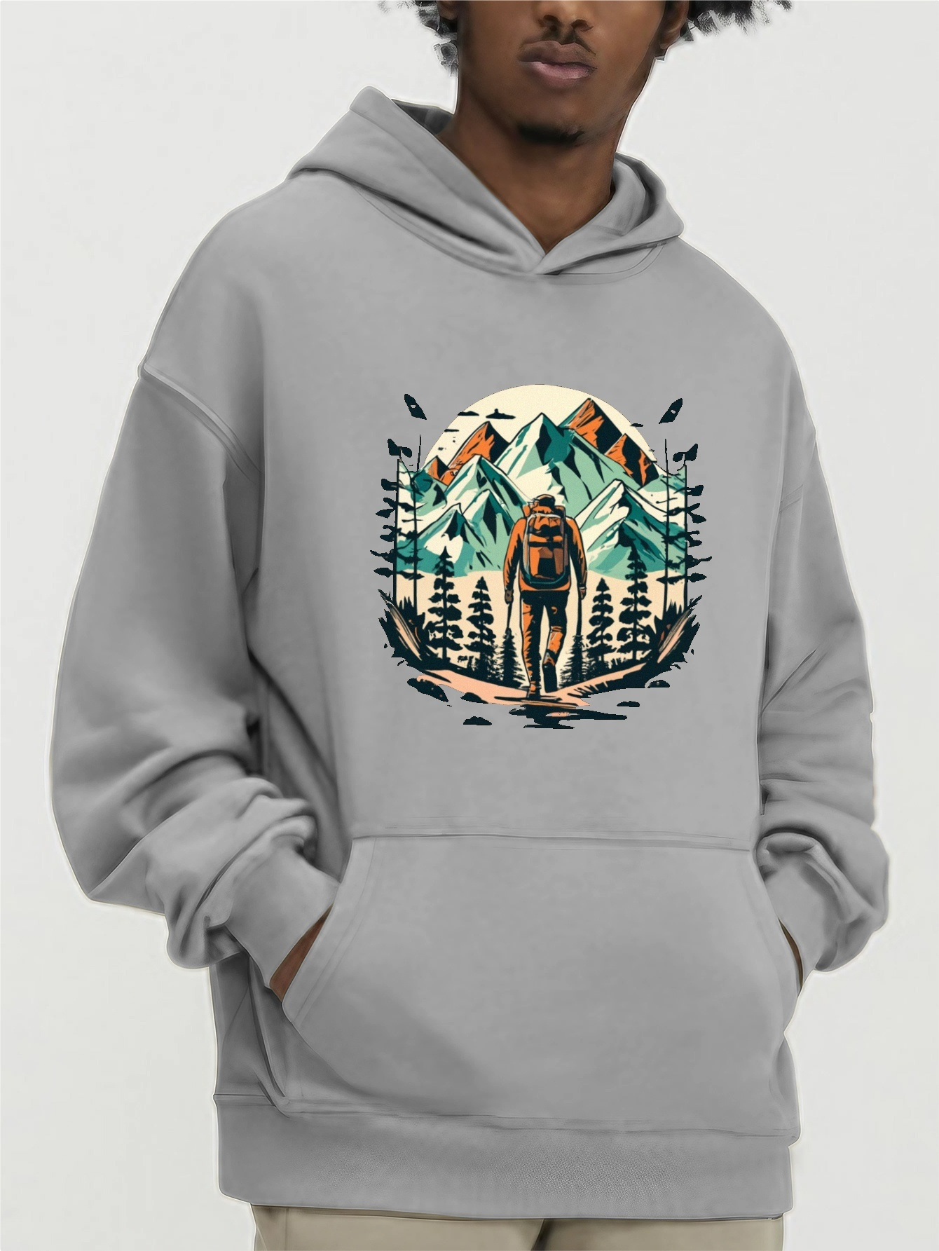 Forest Mountain Hiking Man Print Sweatshirt Creative Graphic - Temu