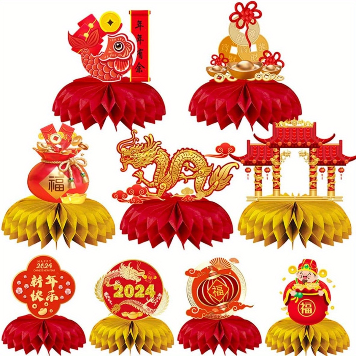 9pcs, Chinese New Year Decoration, 2024 Happy New Year Honeycomb  Centerpieces, Happy New Year Decorations, Red And Golden Lunar New Year  Table Centerp