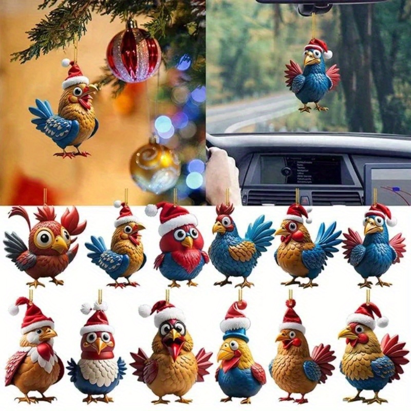 

6pcs Christmas Chicken Ornament, Cartoon Rooster Hanging Ornament, Acrylic Car Accessories Christmas Chicken Drop Ornaments Animal Xmas Crafts Decor Tree Hanging
