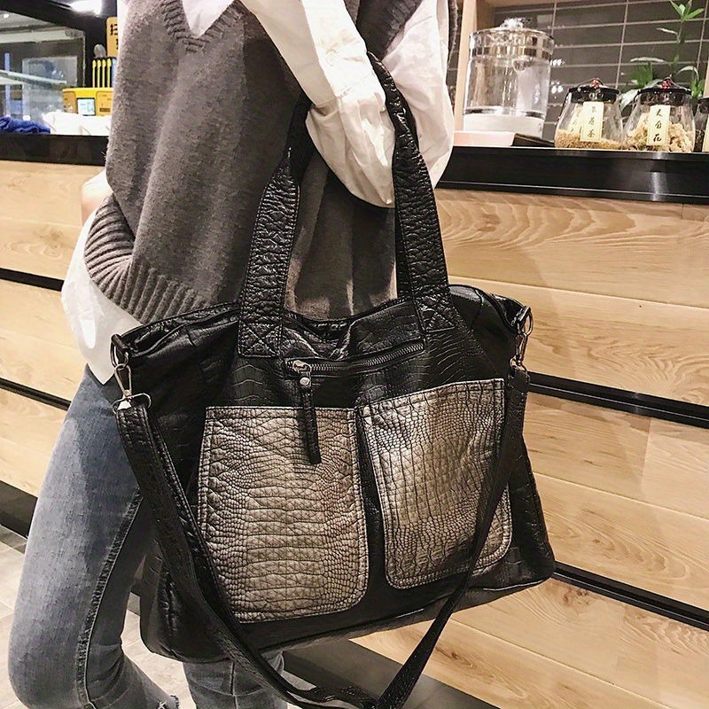 Women Ladies Fashion Alligator Solid Large Capacity Shoulder Tote Handbag  Bags Checke Tote Bag 