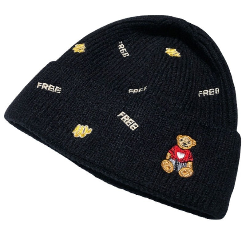 Baby Cartoon Bear Warm Cuffed Rib Knit Beanie Hat