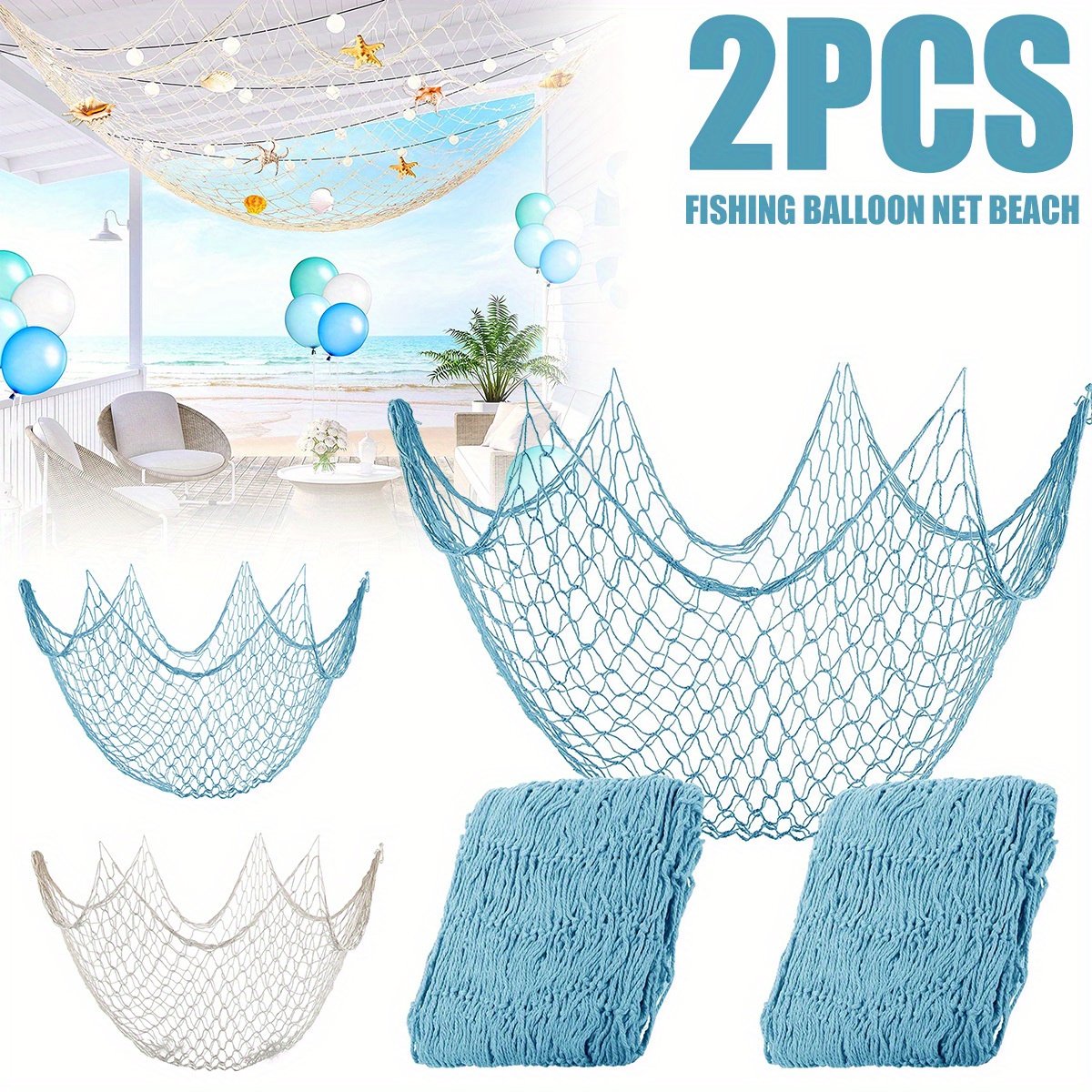 2pcs, Cotton Fishing Net, Ocean Theme Party Decoration, Hawaii Beach Party  Decor, Sailing Party Accessories, Mermaid Theme Decor, Wall Decor, Atmosphe