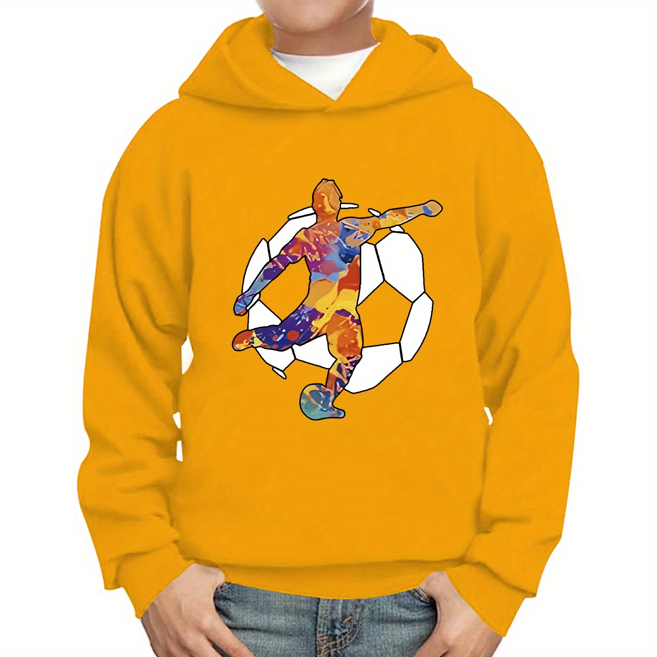 

Sweat à capuche imprimé avec un joueur de football pour garçons - Design graphique décontracté avec tissu extensible pour un confortable vêtement d'automne/hiver