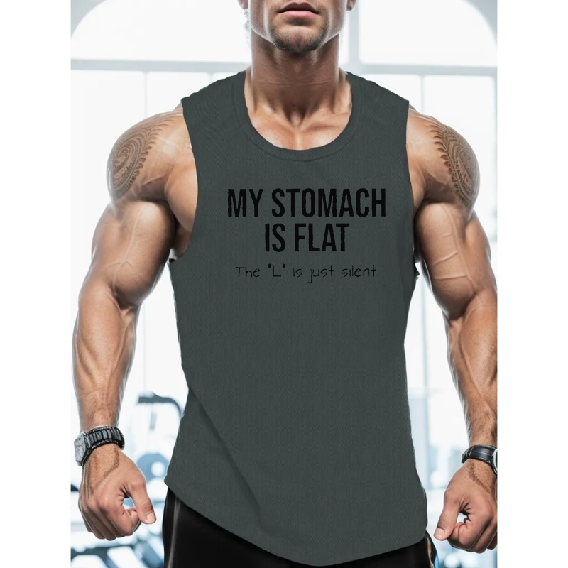 

My Stomach Is Flat Print Sleeveless Tank Top, Men' Undershirts For Workout At