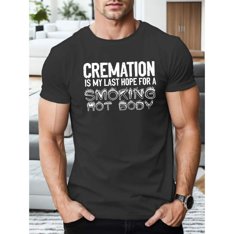 

Cremation Letter Print Men's Trendy Short Sleeve T-shirts, Comfy Casual Breathable Tops For Men's Fitness Training, Jogging, Outdoor Activities