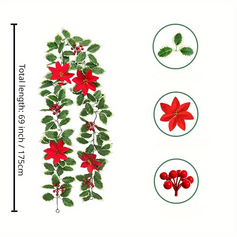 1pc 69inch Christmas Garland With Poinsettia, Artificial Berries Garland Poinsettia Christmas Decorations For Indoor Fireplace Xmas Home Decor