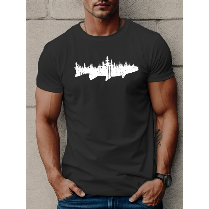 

Fish Shaped Forest Print T Shirt, Tees For Men, Casual Short Sleeve T-shirt For Summer