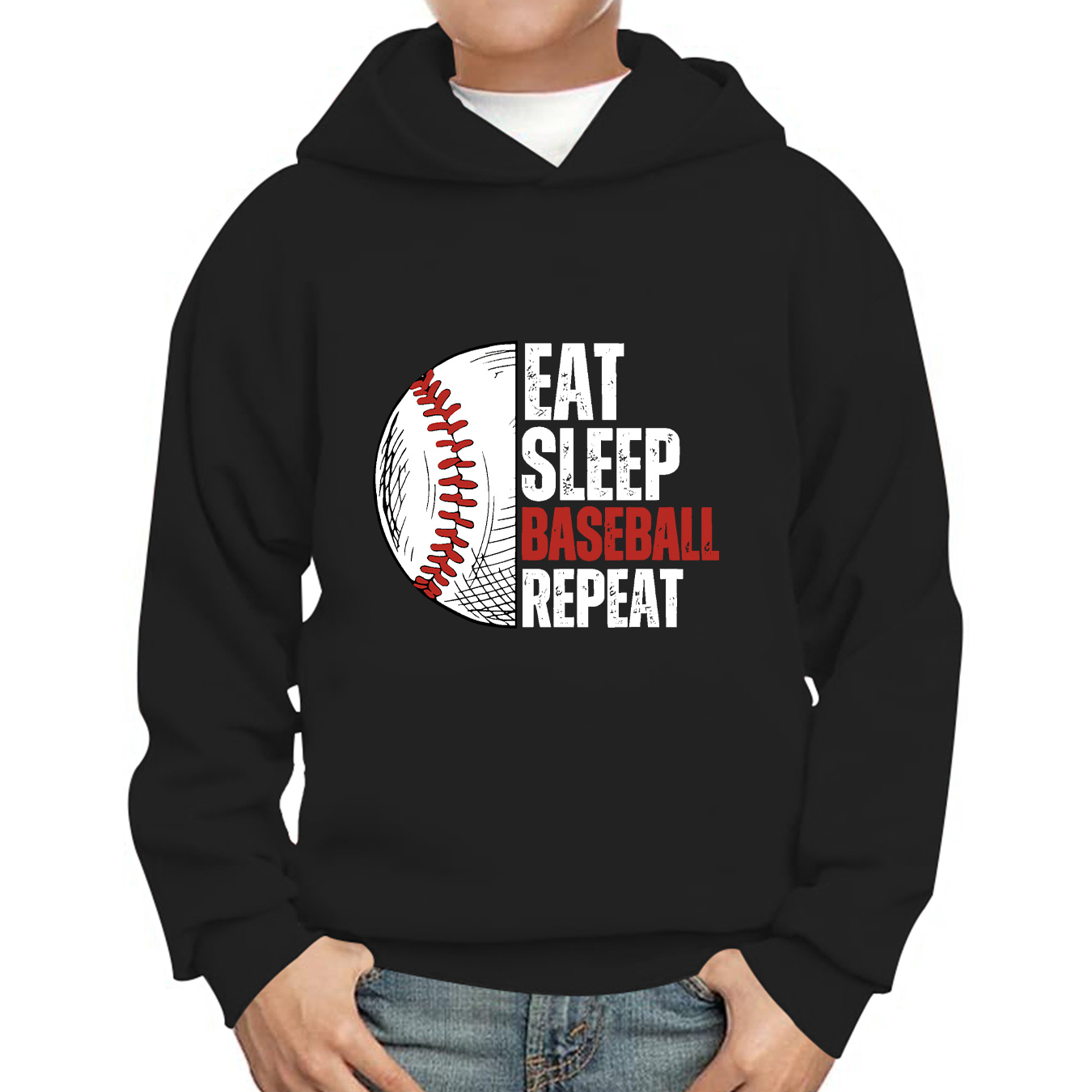 

Eat Sleep Baseball Repeat Letter Print Hoodies For Boys - Casual Graphic Design With Stretch Fabric For Comfortable Autumn/winter Wear