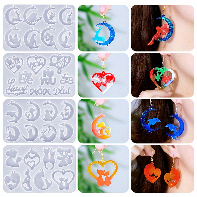 

4pcs/set Diy Crystal Drop Glue Earrings Pendant Silicone Mold Moon Heart Love Couple Pendant Earrings Jewelry Making Silicone Mold Valentine's Day Gift
