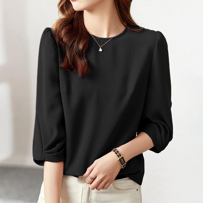 

Solid Textured Simple 3/4 Sleeve Blouse, Crew Neck Elegant Blouse, Women's Clothing