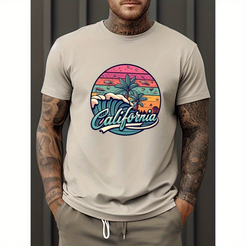 

California Graphic Print Men's Trendy Short Sleeve T-shirts, Comfy Casual Breathable Tops For Men's Fitness Training, Jogging, Outdoor Activities