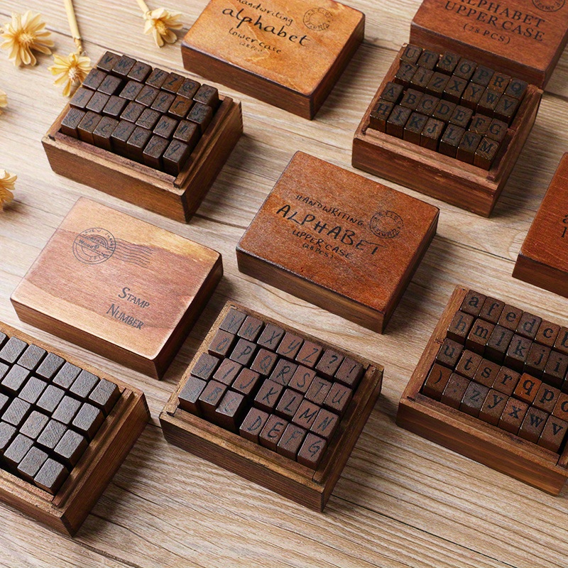 40pcs/set Alphabet Stamps Vintage Wooden Rubber Letter Number Symbol Stamp  Set With Black Ink Pad For Card Making Planner Scrapbook