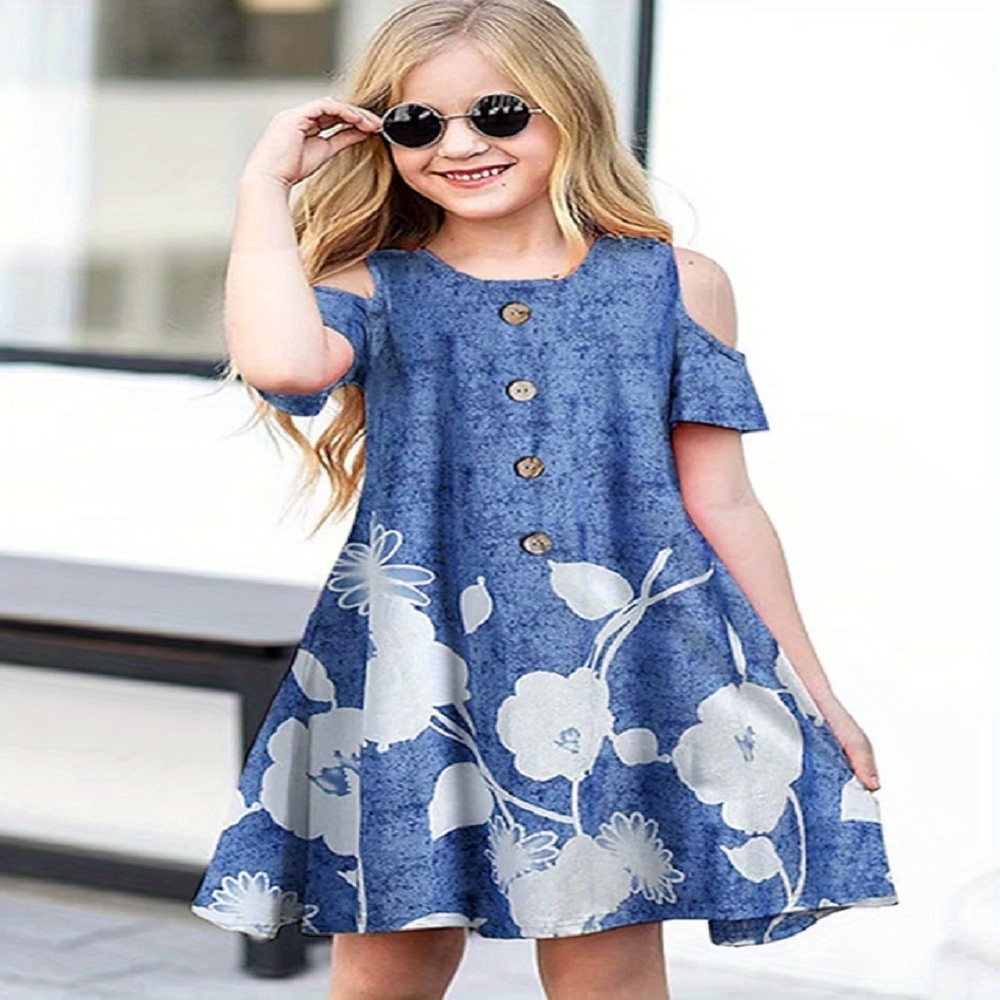 

Elegant Girls Flower Graphic Button Decor Cold Shoulder Dress For Summer Party Gift