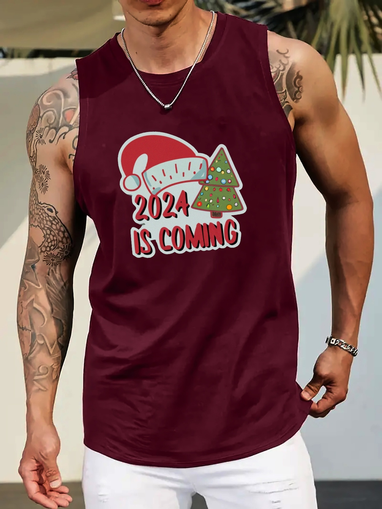 Santa claus in red pants and tank top pulling up Vector Image