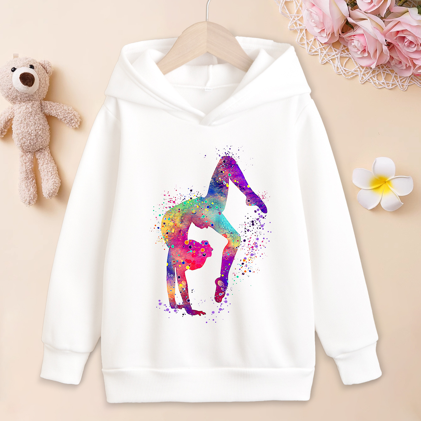 

Colorful Gymnast Art Pattern Hoodies For Girls, Casual Everyday Party Long Sleeve Top Pullover Sweater For Children Kids