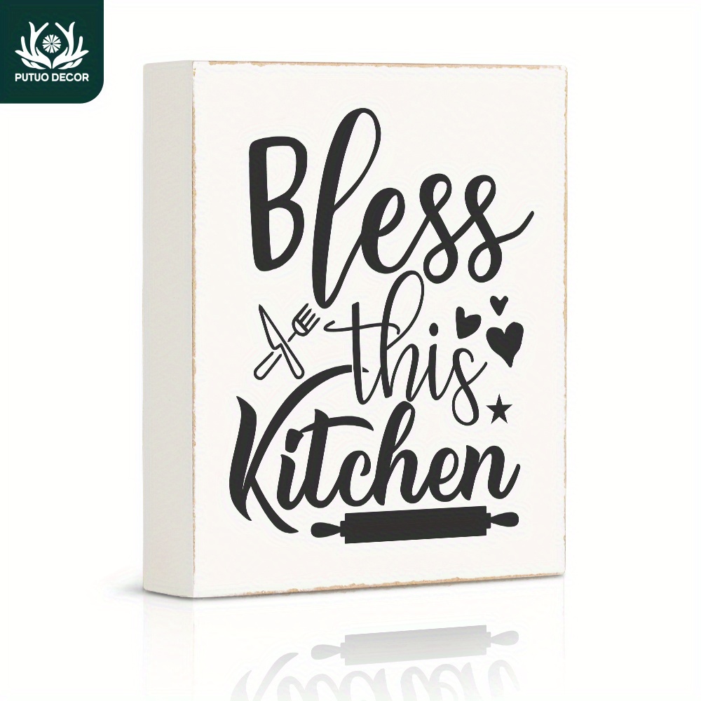 

1 Pc White Box Wooden Sign, Bless This Kitchen, Wood Plaque For Kitchen Home Bar Office Work Desk Decor Gifts, 4.7 X 5.8 Inches