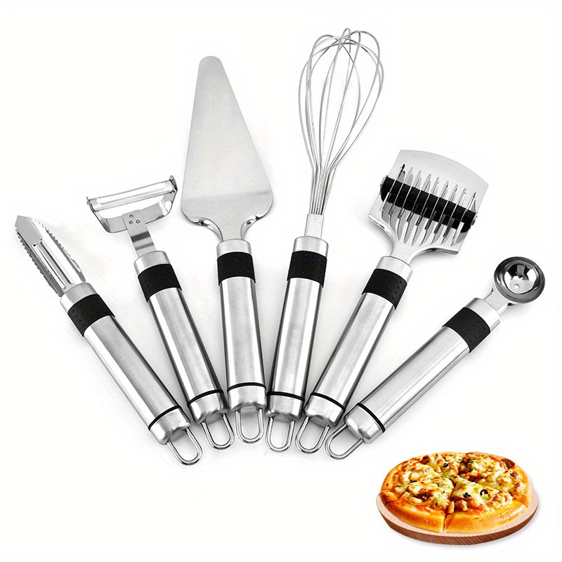 Juego de utensilios de cocina, 7 piezas de utensilios de cocina de acero  inoxidable 304 con soporte, mango de madera resistente al calor,  herramientas