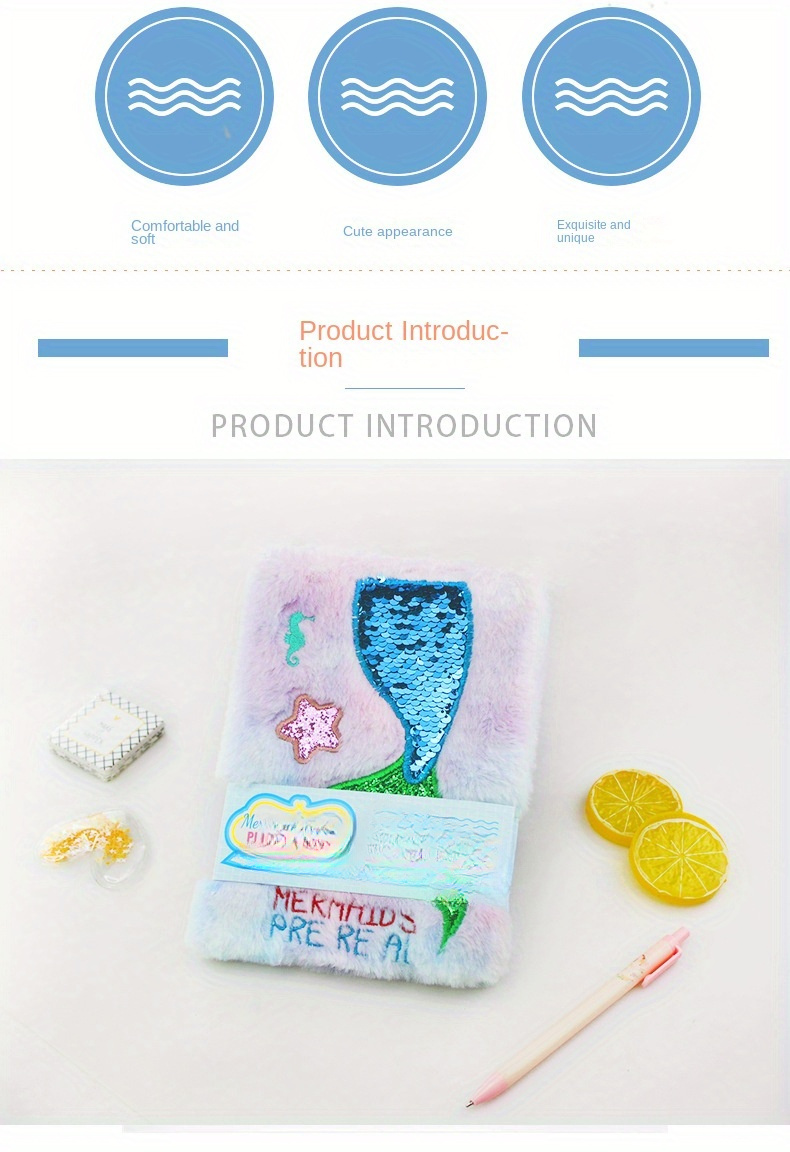 1pc creative notebook plush notebook mermaid diagram details 1