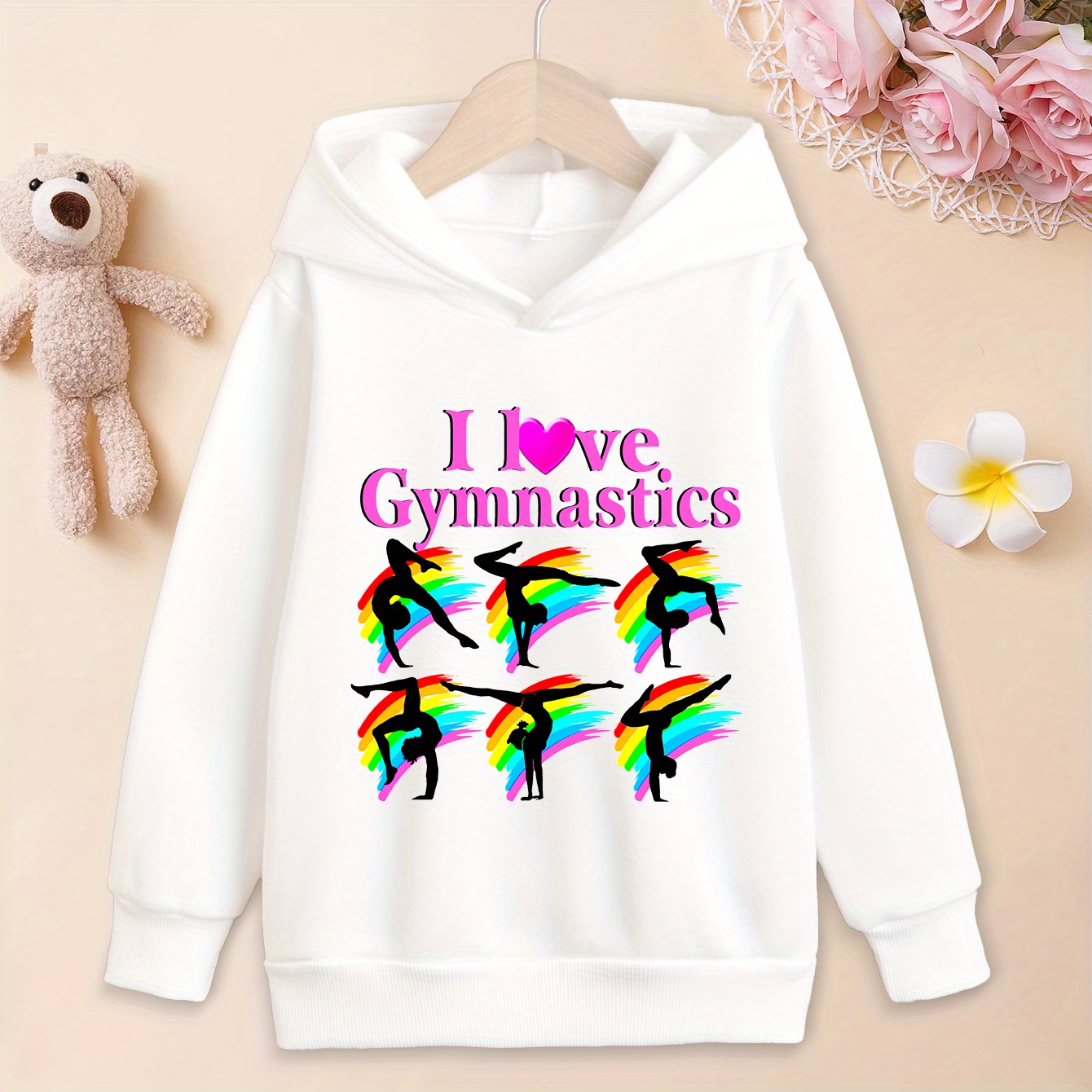 

Love Gymnastics Print, Girls Casual Hoodies Long Sleeve Pullover Tops Hooded Sweatshirts For Sports Outdoor, Teens Clothing