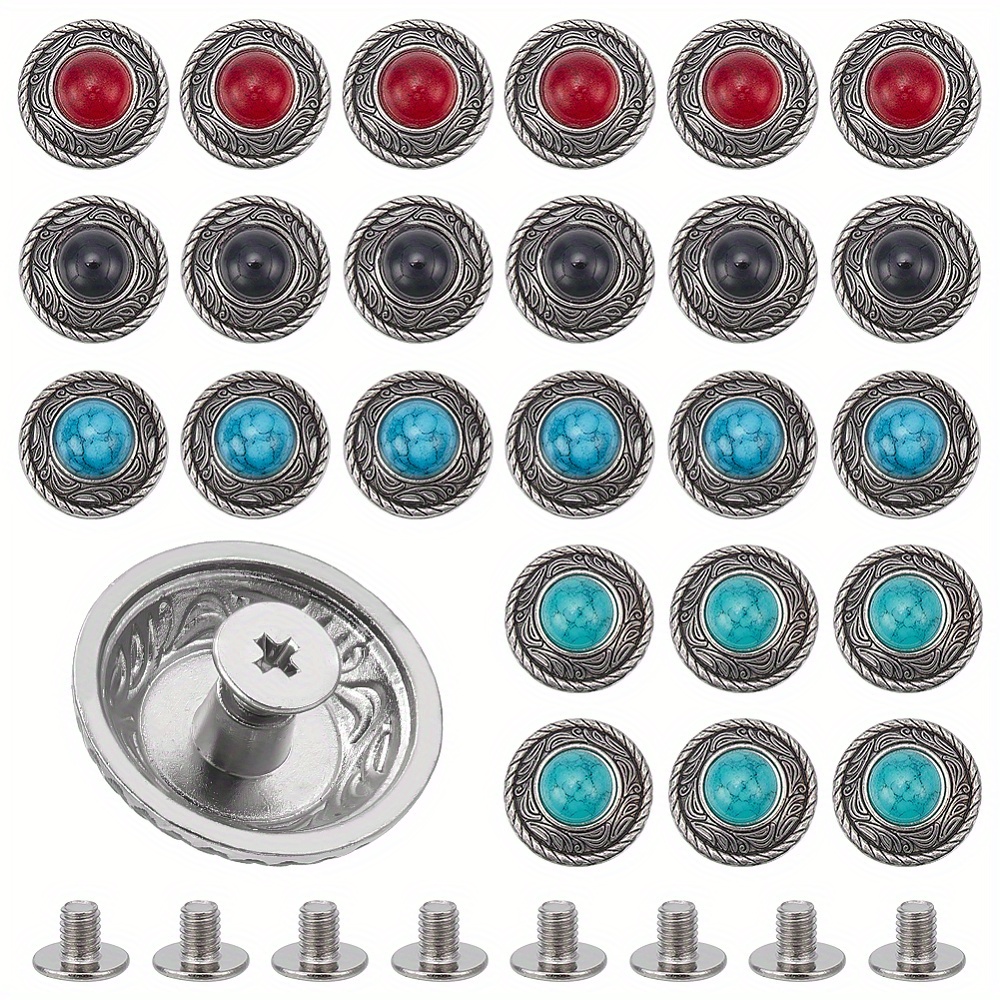 

24 Sets, 4 Colors Zinc Alloy Buttons, With Synthetic Turquoise & Iron Screws, For Purse Leather Craft Decoration, Flat Round, Mixed Color, 20x9.5mm, Hole: 2.5mm, 6sets/color